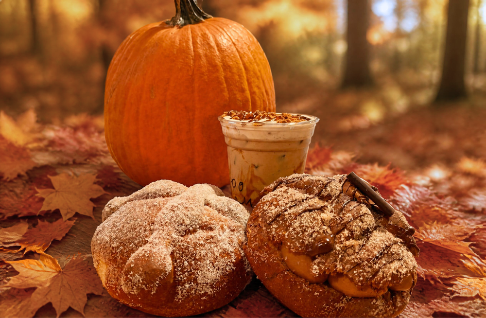 Sweet bread, an iced coffee drink and a pumpkin in an autumn setting.
